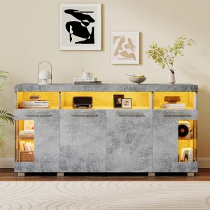 Grijs dressoir met ledverlichting, 140x40x70 cm, 4 deuren en opbergvakken, voor woonkamer en eetkamer Grijs dressoir met ledverlichting, 140x40x70 cm, 4 deuren en opbergvakken, voor woonkamer en eetkamer