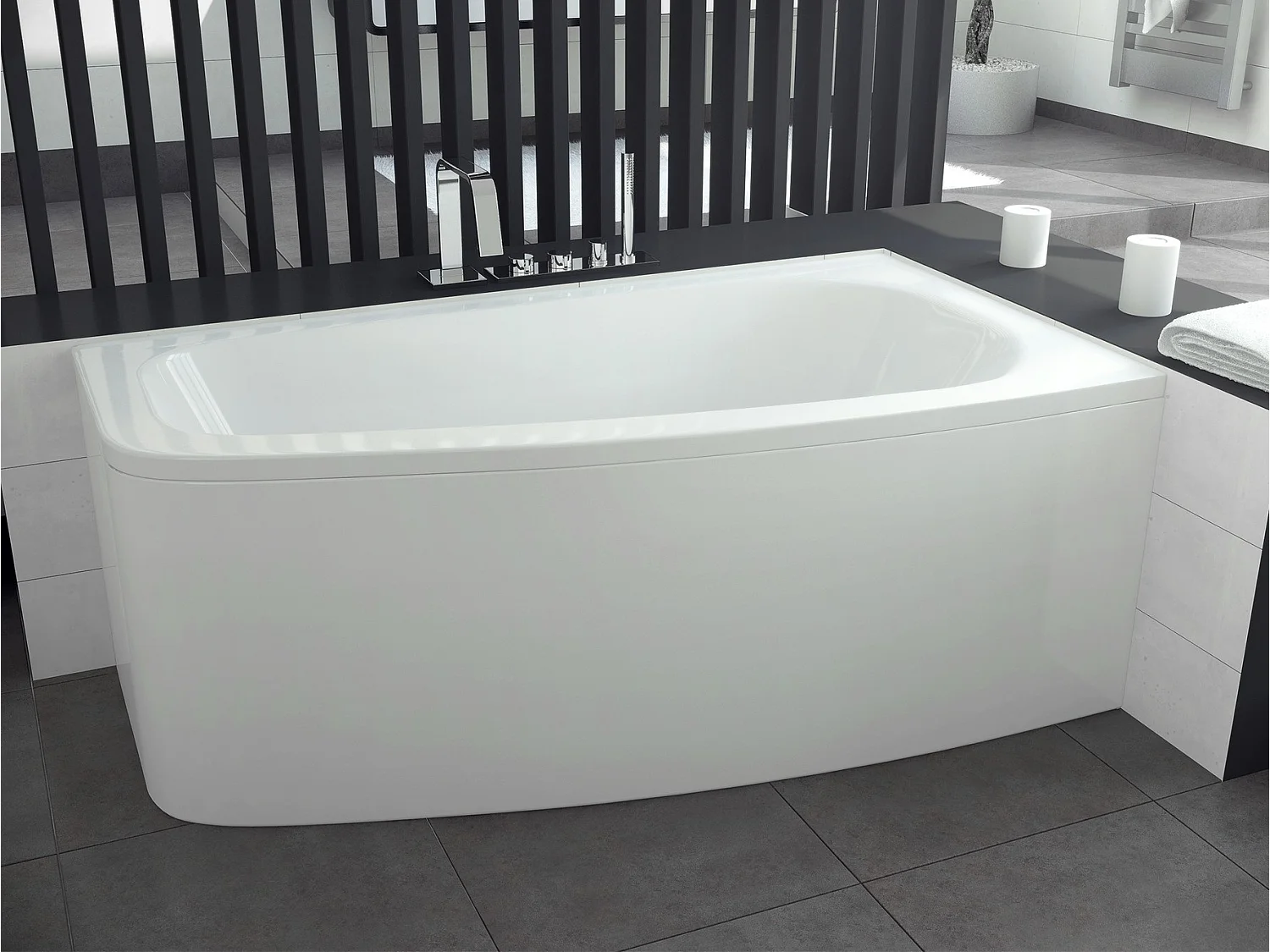 Hoekbad LUNA 150x80 rechts met acrylschort | Afvoer & poten GRATIS!