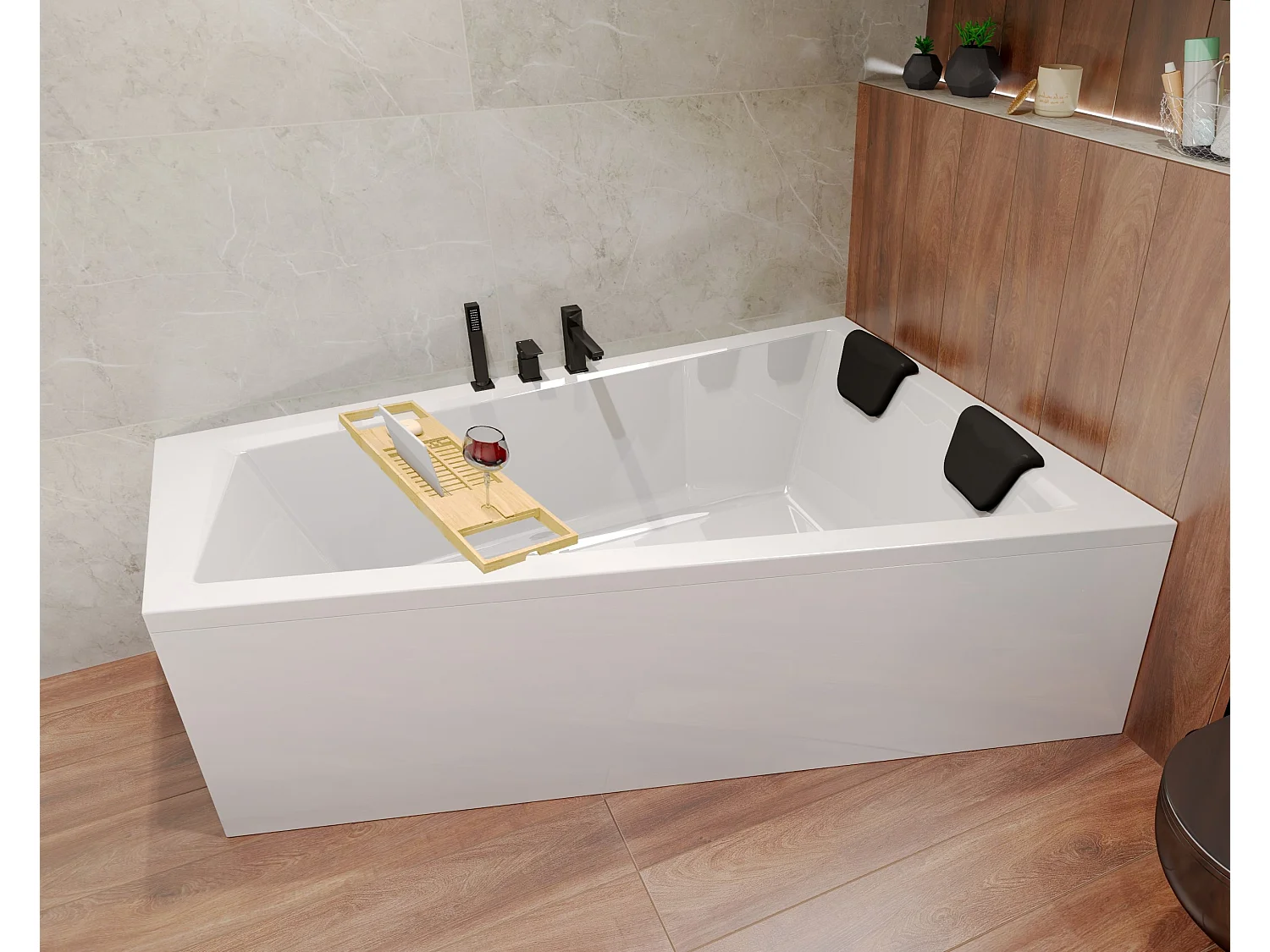 Hoekbad INTIMA 160x90 rechts | Afvoer & poten GRATIS! + 1 hoofdsteun + bamboe badrek
