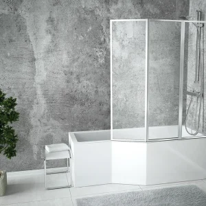 Hoekbad INTEGRA 150×75 rechts met acrylschort met glazen afscheiding 3-delig | Afvoer &amp; voeten GRATIS!