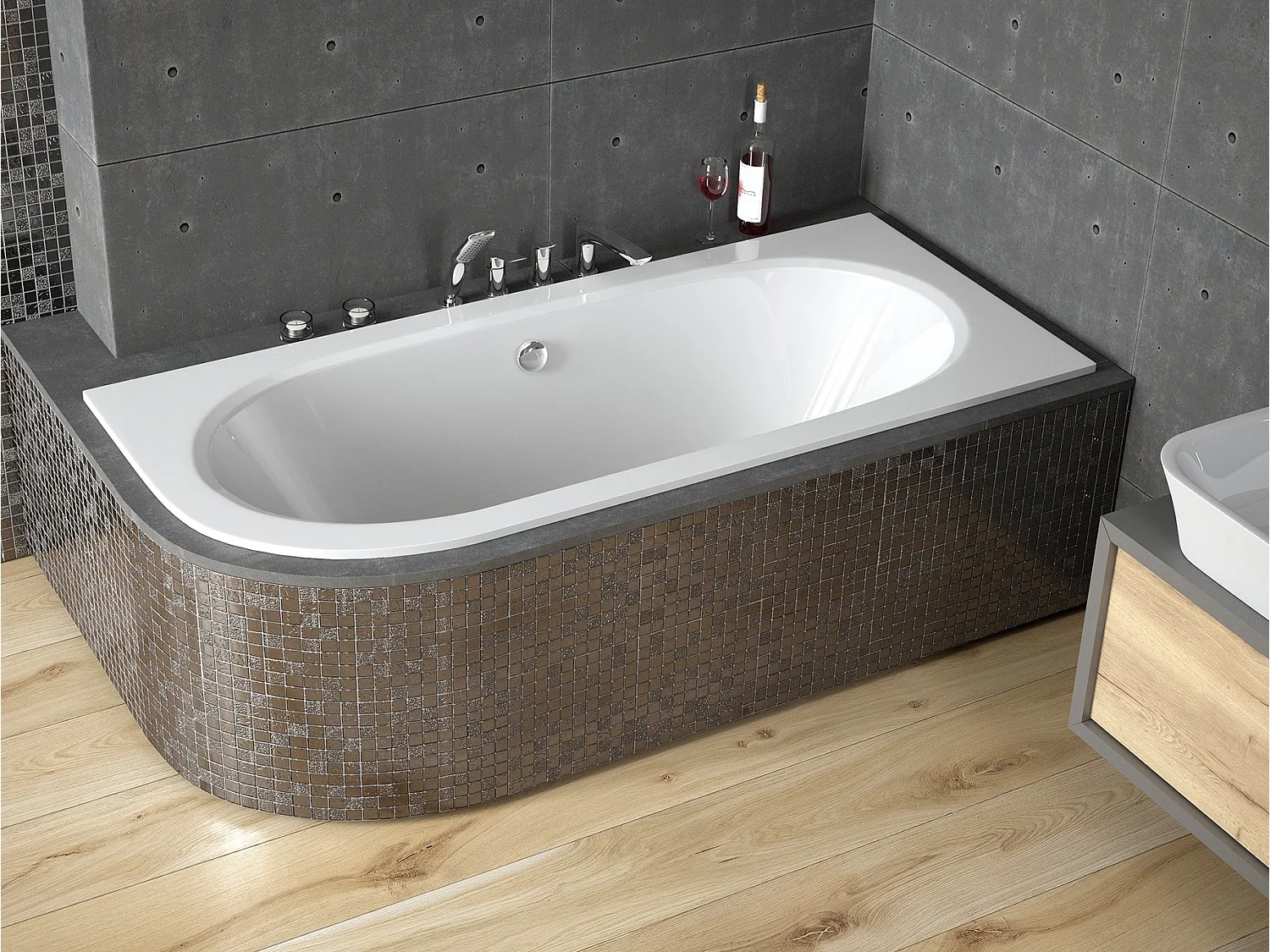 Hoekbad AVITA SLIM 160x75 rechts met piepschuim bekleding, legplank 4 cm | Afvoer en voeten GRATIS!