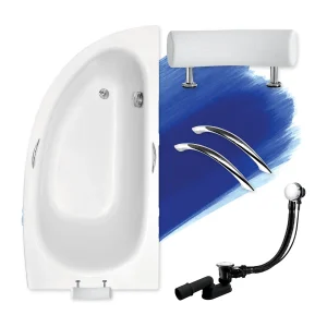 Hoekbadkuip MILENA PREMIUM 150×70 rechts | Afvoer &amp; poten GRATIS!