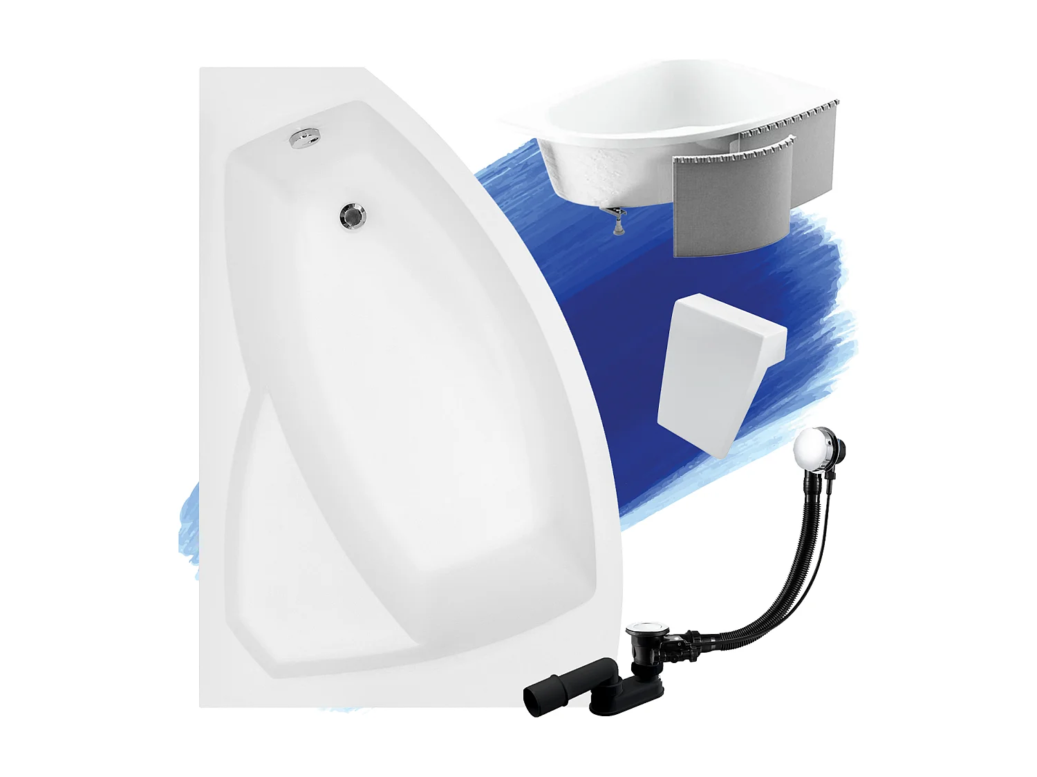 Hoekbadkuip RIMA 150x95 links met piepschuim bekleding en witte hoofdsteunen | Afvoer & voeten GRATIS!