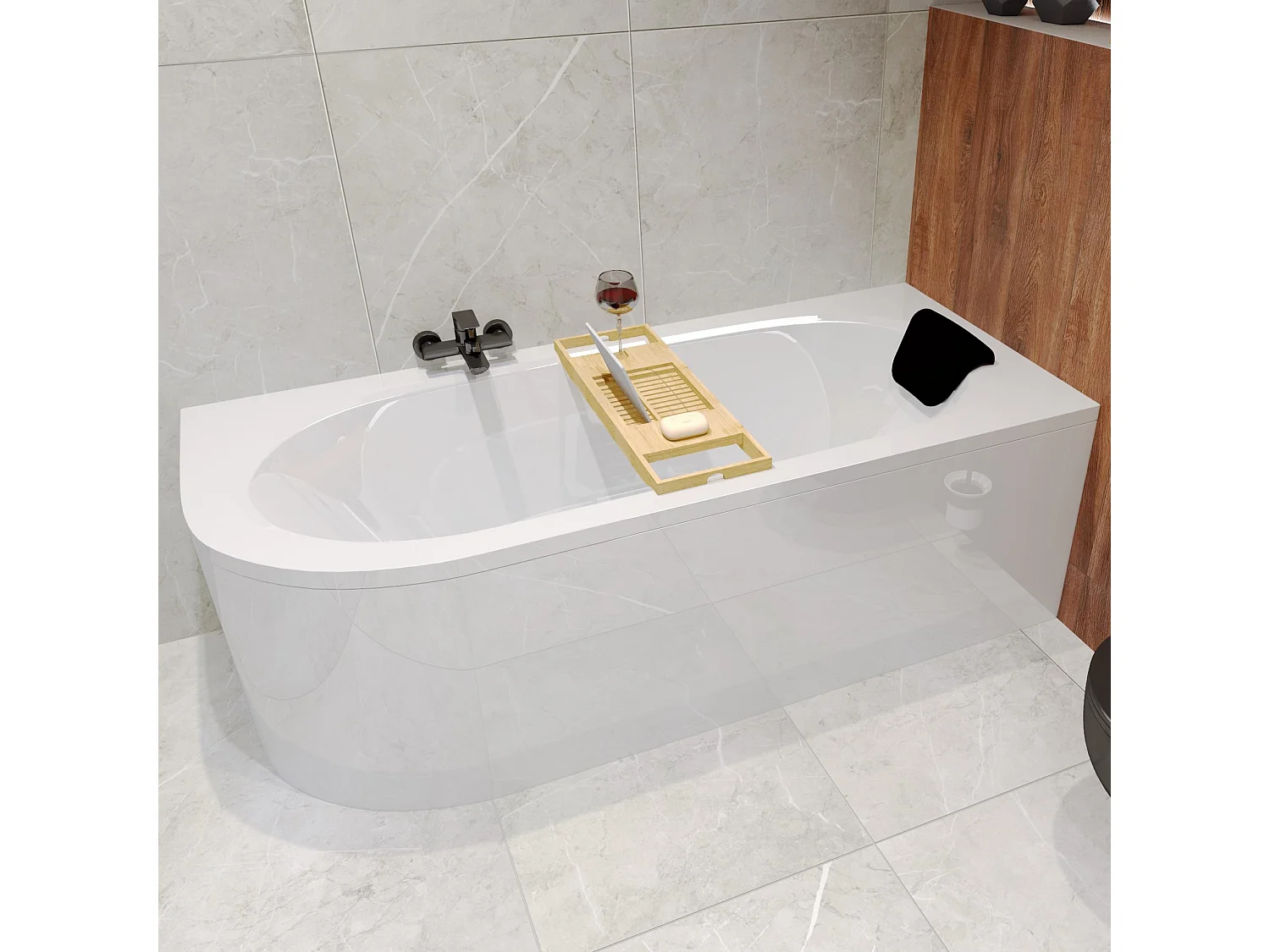 Hoekbad AVITA 150x75 rechts + bamboe badrek + hoofdsteun KODI | Afvoer & voeten GRATIS!