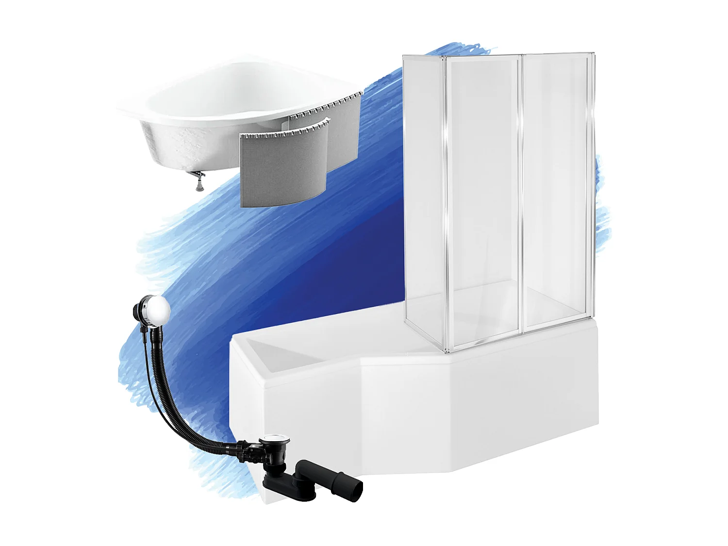 Hoekbad INTEGRA 170x75 rechts met piepschuim bekleding en glazen afscheiding 3-delig | Afvoer & voeten GRATIS!