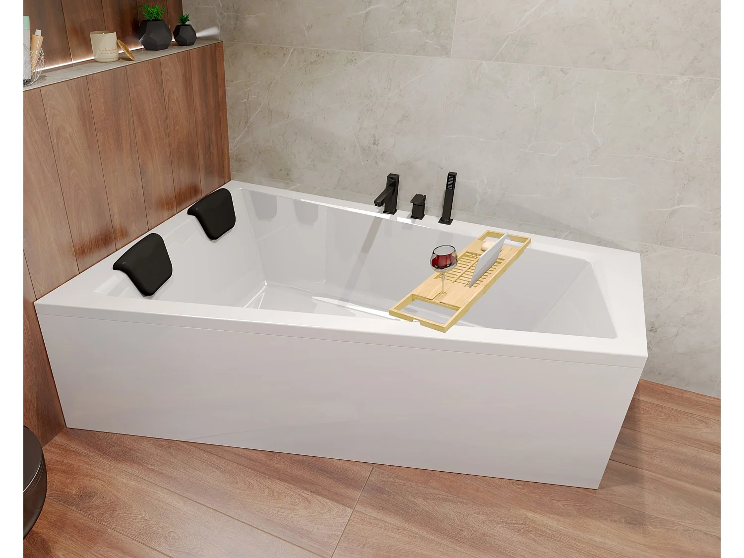 Hoekbad INTIMA 160x90 links | Afvoer & voeten GRATIS! + 2 hoofdsteunen + bamboe badrek