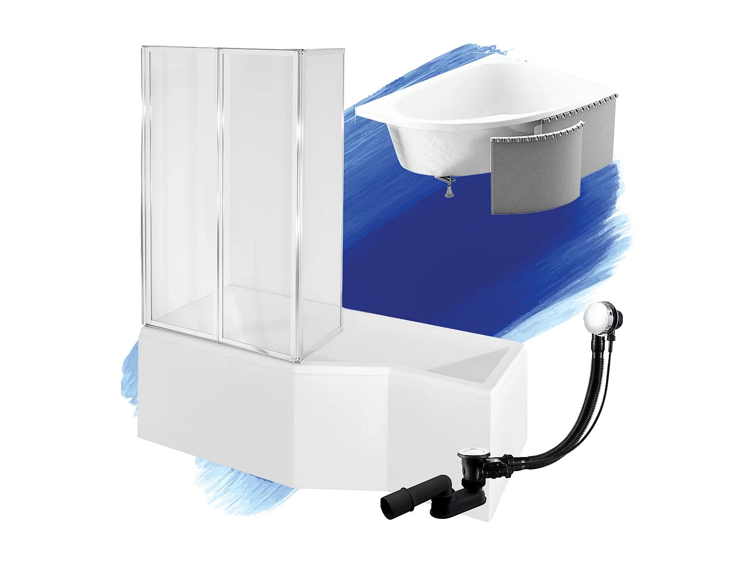 Hoekbad INTEGRA 170x75 links met piepschuim bekleding en glazen afscheiding 3-delig | Afvoer & voeten GRATIS!