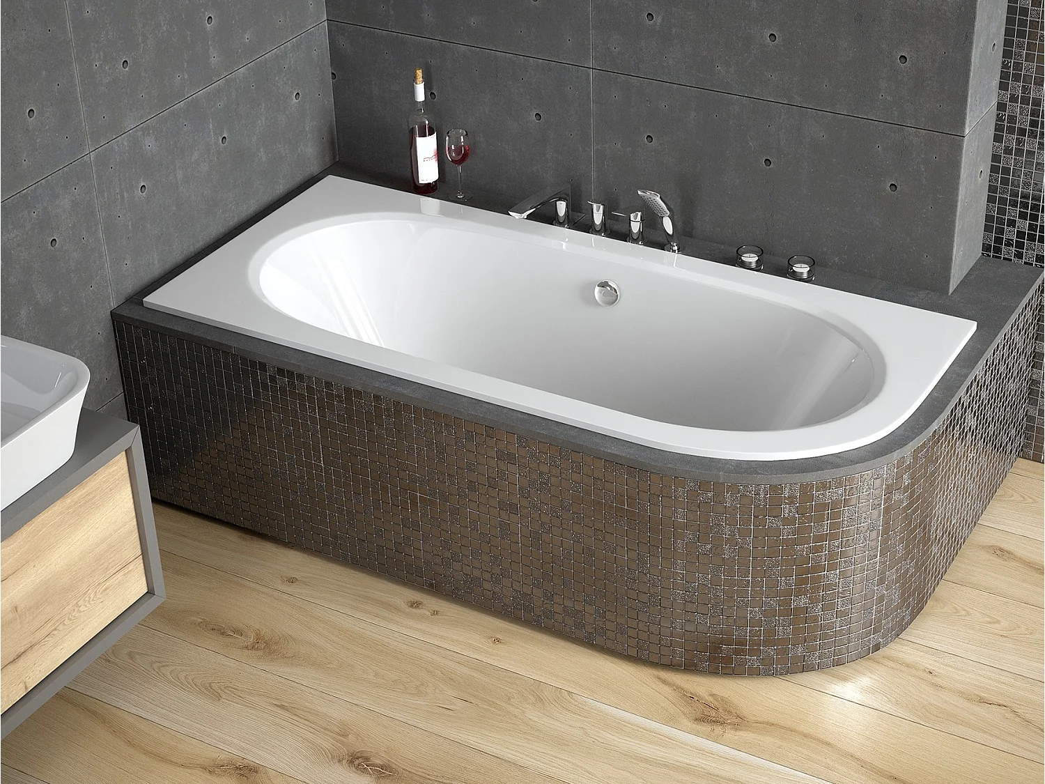 Hoekbad AVITA SLIM 160x75 links met piepschuim bekleding, legplank 4 cm | Afvoer en voeten GRATIS!