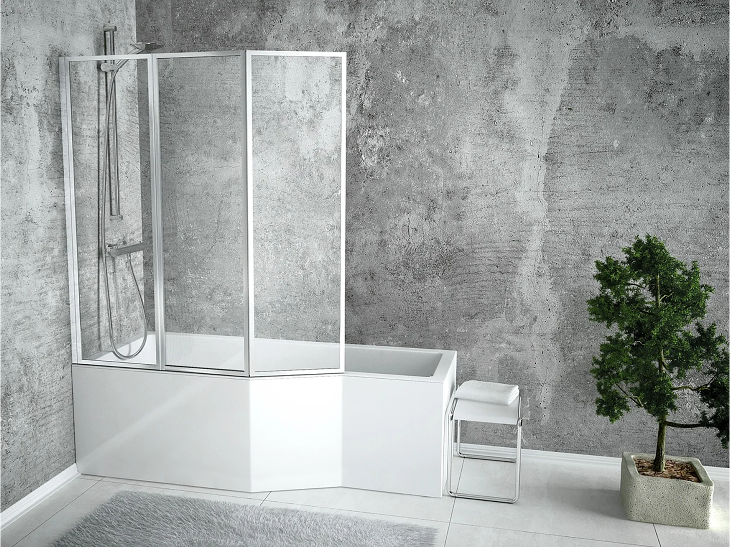 Hoekbad INTEGRA 150x75 links met glazen afscheiding 3-delig | Afvoer & poten GRATIS!
