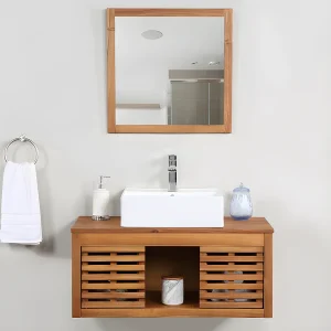 Hangend badkamermeubel van acaciahout met enkele wastafel en spiegel – 90 cm – Koop nu Hangend badkamermeubel van acaciahout met enkele wastafel en spiegel – 90 cm – Koop nu