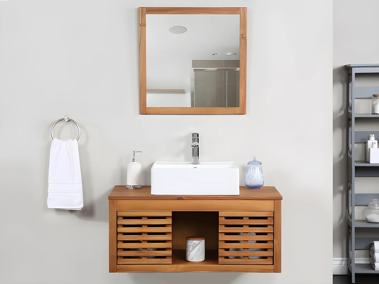 Hangend badkamermeubel van acaciahout met enkele wastafel en spiegel - 90 cm - Koop nu