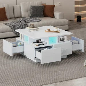 Glanzende salontafel – 70 x 70 x 40 cm – met LED's + 4 lades – Spaanplaat – wit