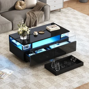 Glanzende salontafel – 90 x 45 x 35,5 cm – met 2 lades + LED's – gehard glas + MDF – zwart
