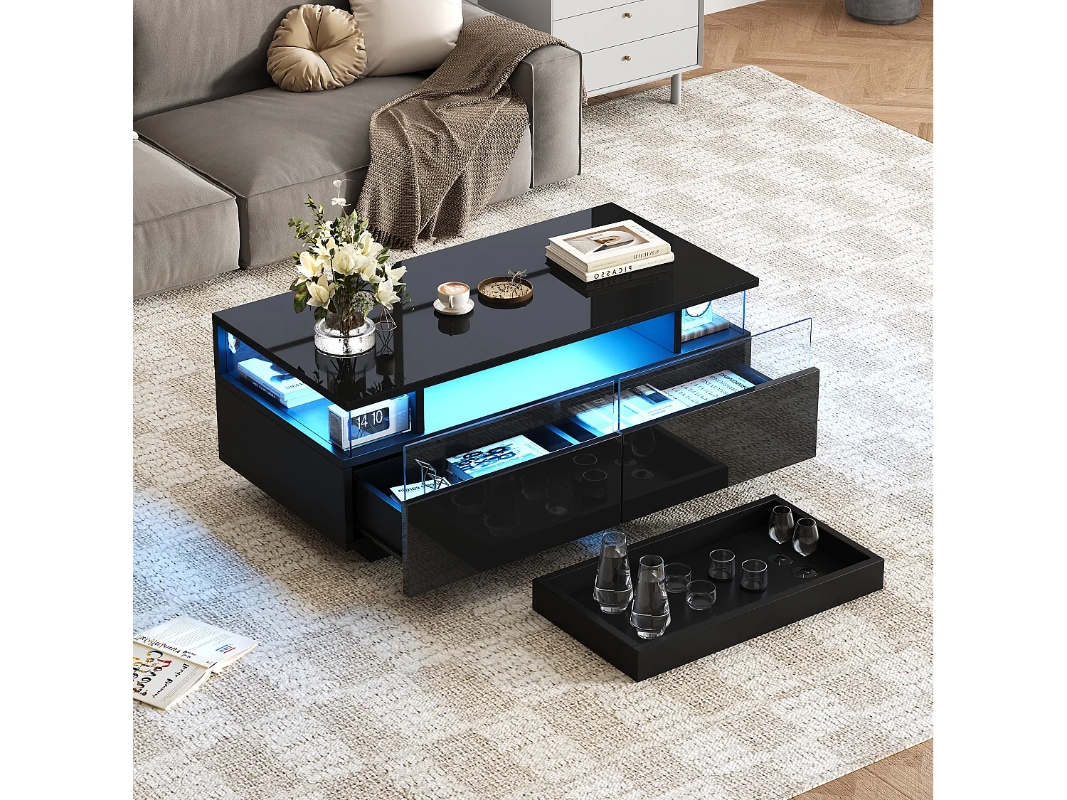 Glanzende salontafel - 90 x 45 x 35,5 cm - met 2 lades + LED's - gehard glas + MDF - zwart