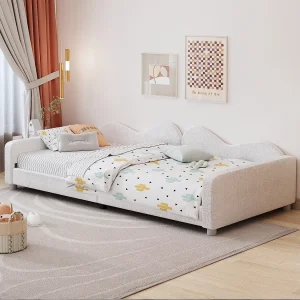 Gestoffeerd kinderbed, multifunctionele slaapbank, witte teddystof, met rugleuning en armleuningen (214,5x95x42cm) Gestoffeerd kinderbed, multifunctionele slaapbank, witte teddystof, met rugleuning en armleuningen (214,5x95x42cm)