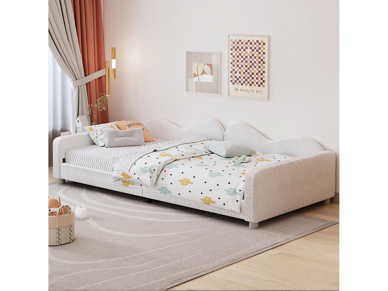 Gestoffeerd kinderbed, multifunctionele slaapbank, witte teddystof, met rugleuning en armleuningen (214,5x95x42cm)