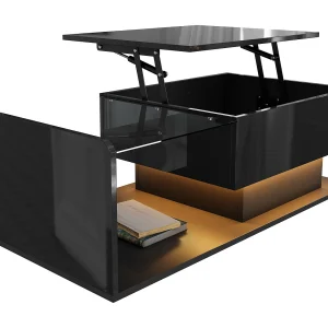 Glanzende salontafel – 100 x 50 x 33/47,5 cm – met glazen blad + LED's + opbergruimte – spaanplaat – zwart
