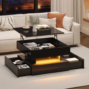 Glanzende heftafel – 65 x 65 x 38,5 cm – met LED's + 2 lades + verborgen opbergruimte – spaanplaat – zwart