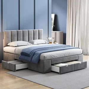 Gestoffeerd bed 140×200 cm met hoofdbord, lattenbodem en 4 lades, in grijs fluweel (140×200 cm) Gestoffeerd bed 140×200 cm met hoofdbord, lattenbodem en 4 lades, in grijs fluweel (140×200 cm)
