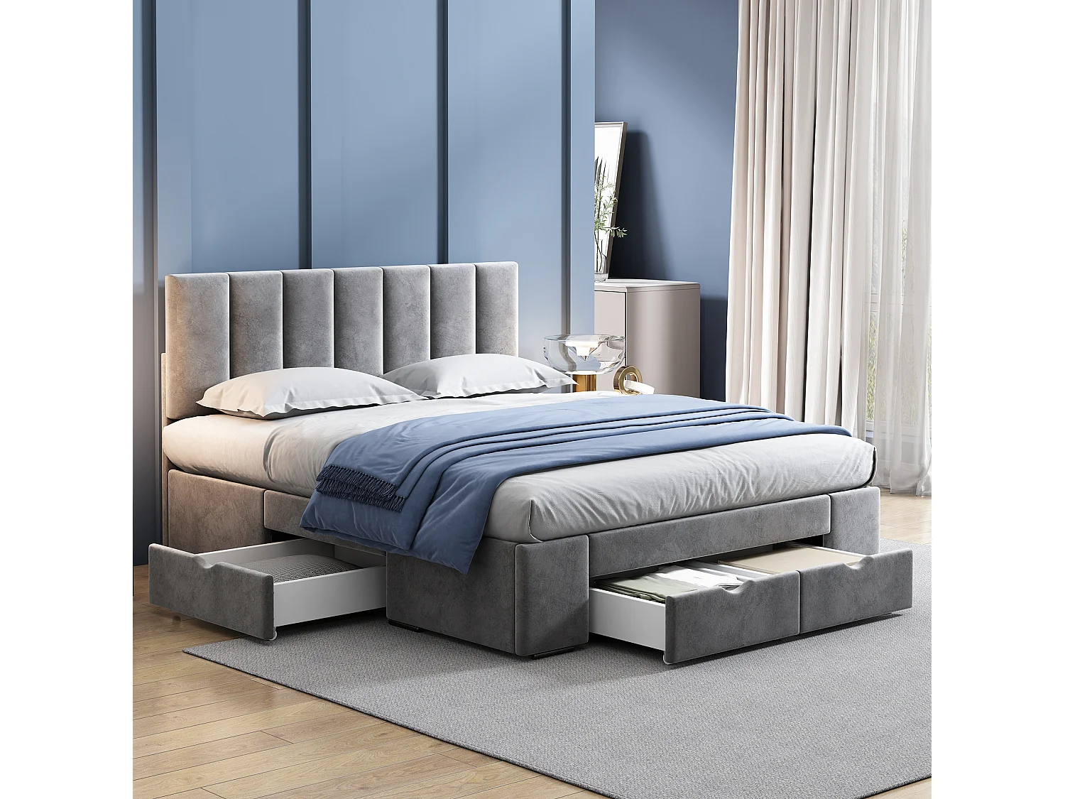 Gestoffeerd bed 140x200 cm met hoofdbord, lattenbodem en 4 lades, in grijs fluweel (140x200 cm)