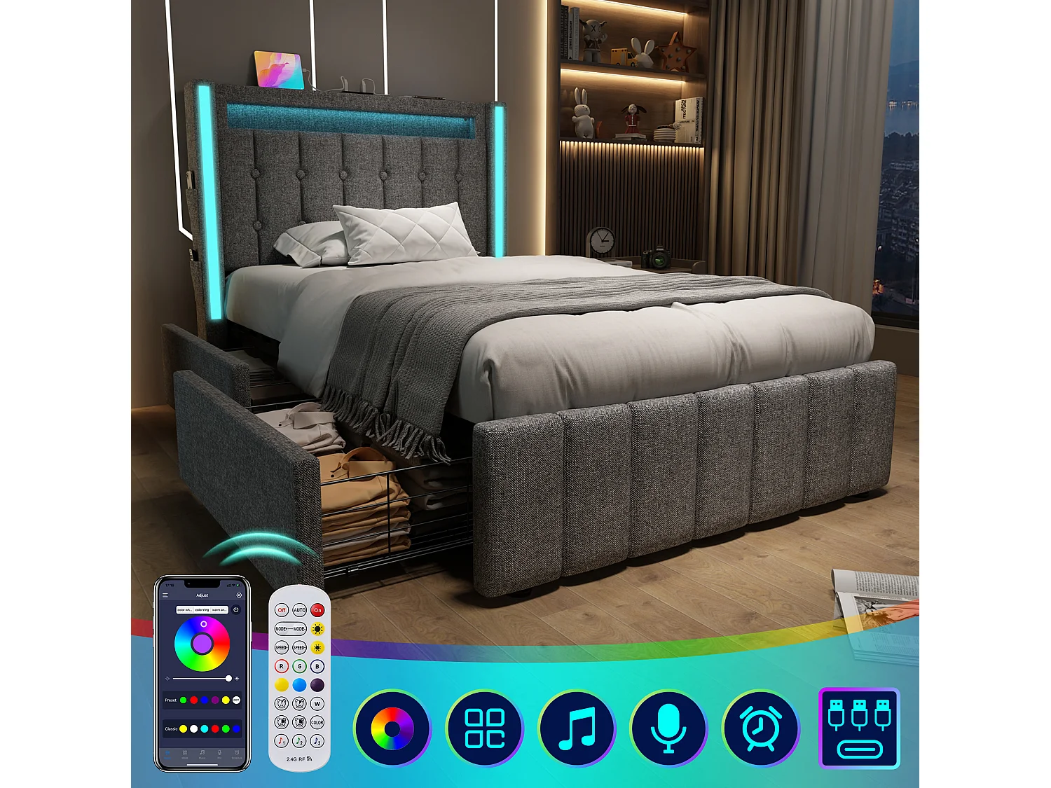 Gestoffeerd bed met USB Type-C-oplader, ledverlichting en 2 opberglades, eenpersoonsbed 90x200cm, grijs linnen frame (209x99x104cm)