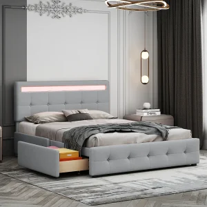 Gestoffeerd bed met LED, 4 lades op wieltjes, beige linnen, met lattenbodem, 140x200x106 cm Gestoffeerd bed met LED, 4 lades op wieltjes, beige linnen, met lattenbodem, 140x200x106 cm