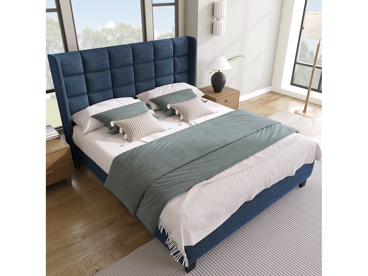 Gestoffeerd tweepersoonsbed met boxspring, gewatteerd hoofdeinde, blauw linnen, elegante afwerking (146x208x111cm)