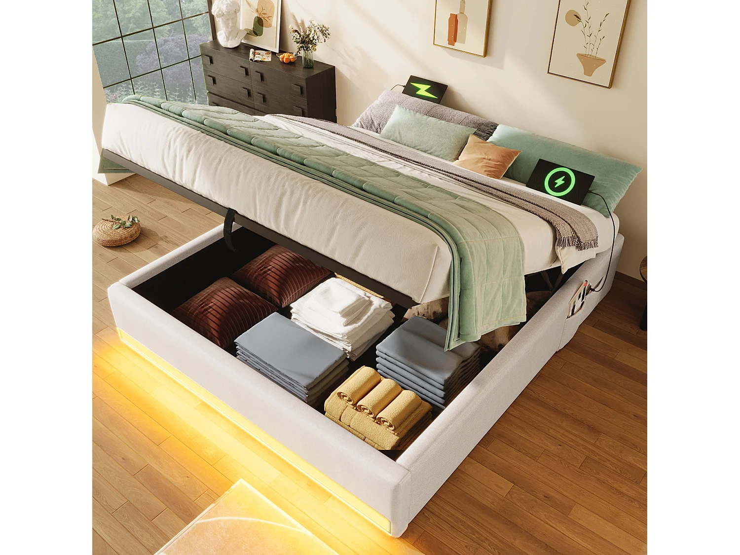 Gestoffeerd bed 140 x 200 cm, met afstandsbediening LED, USB en Type-C, kleine opbergvakken, zonder hoofdeinde, hydraulische opbergfunctie (203x141,5x32 cm)
