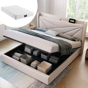 Gestoffeerd bed met USB-oplaadfunctie, LED, 4 lades, katoenen linnen, beige (166x208x107cm) Gestoffeerd bed met USB-oplaadfunctie, LED, 4 lades, katoenen linnen, beige (166x208x107cm)