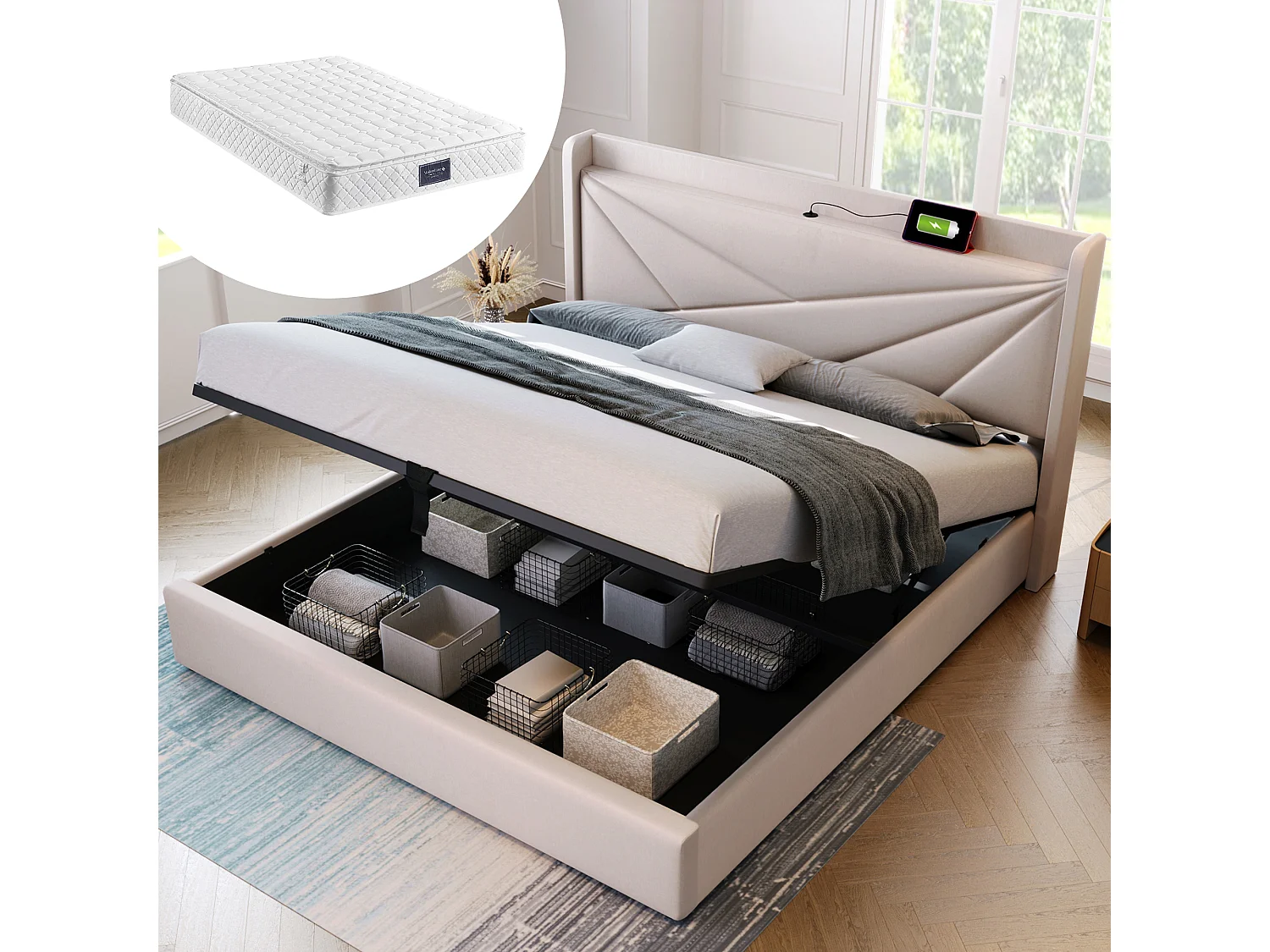 Gestoffeerd bed met USB-oplaadfunctie, LED, 4 lades, katoenen linnen, beige (166x208x107cm)