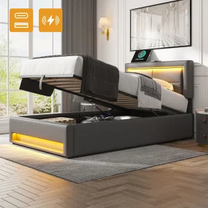 Gestoffeerd bed 90 x 200 cm met USB-aansluiting, LED-lampje en opbergruimte, PU lychee, grijs (90×200 cm)