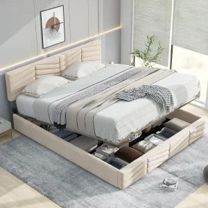 Gestoffeerd bed 140×200 met lattenbodem en hoofdbord, verstelbaar hoofdbord, modern design, beige fluweel (140×200 cm)