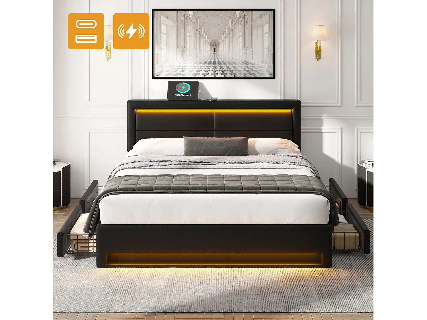 Gestoffeerd bed 140 x 200 cm met USB, LED en 4 opbergladen, PU lychee, zwart (140x200 cm)