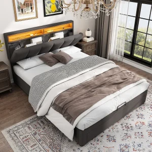 Gestoffeerd bed met LED, met hydraulische opberging, uitschuifbaar hoofdeinde, linnen stof, metalen frame, 140×190 cm, grijs (140×190 cm)