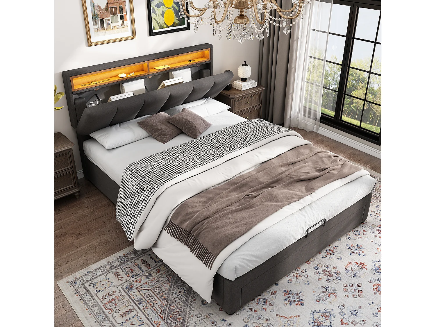 Gestoffeerd bed met LED, met hydraulische opberging, uitschuifbaar hoofdeinde, linnen stof, metalen frame, 140x190 cm, grijs (140x190 cm)
