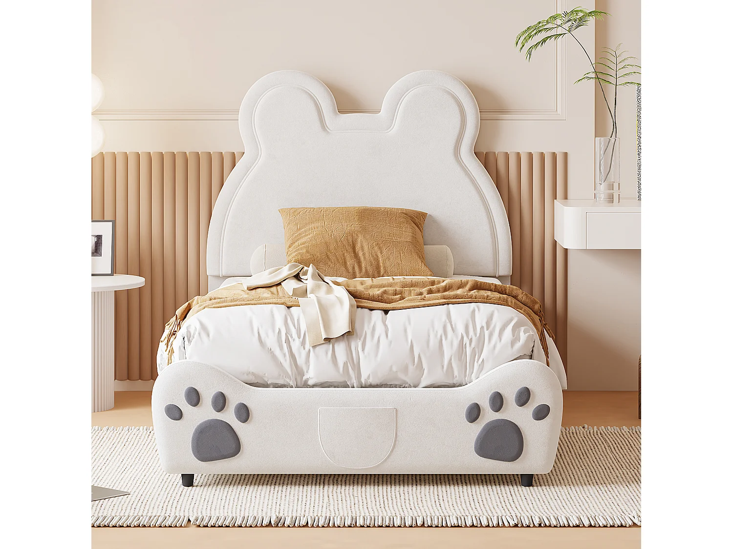 Gestoffeerd kinderbed in de vorm van een beer, grijs fluweel, comfortabel en leuk (210x90x103 cm)