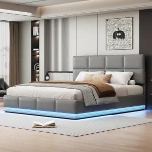 Gestoffeerd bed met LED, hydraulische opberging, lichtgrijs imitatieleer, modern design (200x181x91 cm)