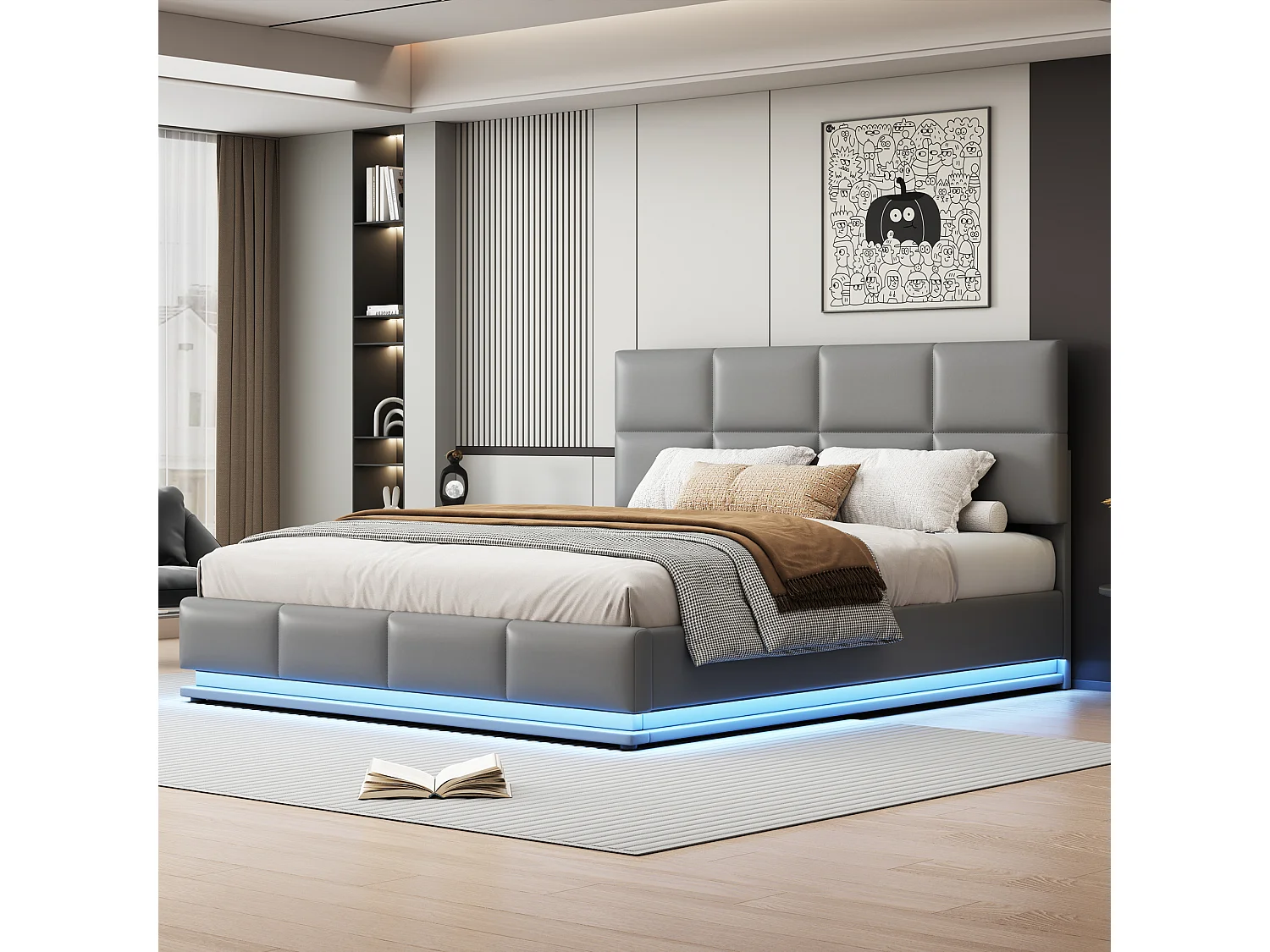Gestoffeerd bed met LED, hydraulische opberging, lichtgrijs imitatieleer, modern design (200x181x91 cm)