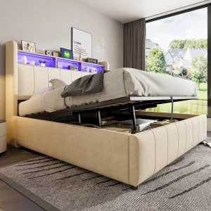 Gestoffeerd bed 160×200 cm, LED, USB, hoofdbord met planken en opbergruimte, hydraulische opbergruimte, metalen frame, beige linnen (213x167x110,5 cm)