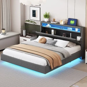 Gestoffeerd bed 160×200 cm, omkeerbaar hoofdeinde met USB-aansluiting en ledverlichting, verborgen poten, grijze linnen stof (201x161x108 cm)
