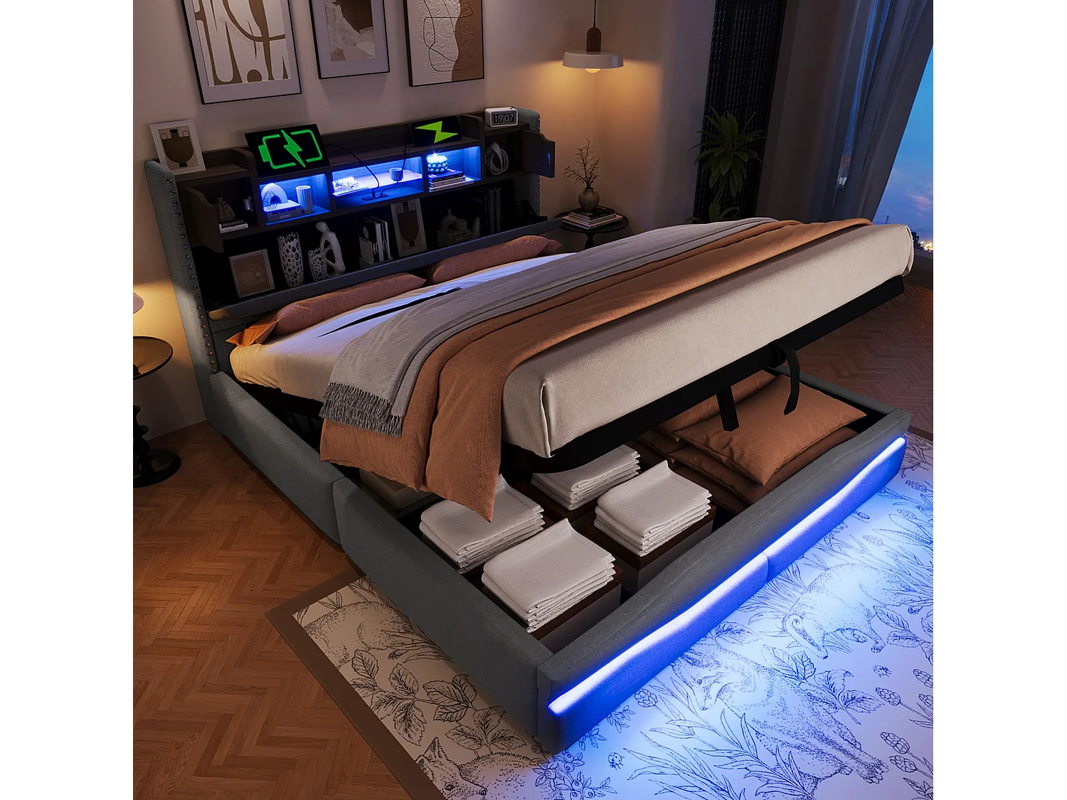 Gestoffeerd bed met hydraulische opbergruimte, op afstand bedienbare ledverlichting, USB/Type-C-aansluitingen, grijs linnen (222x166x111 cm)