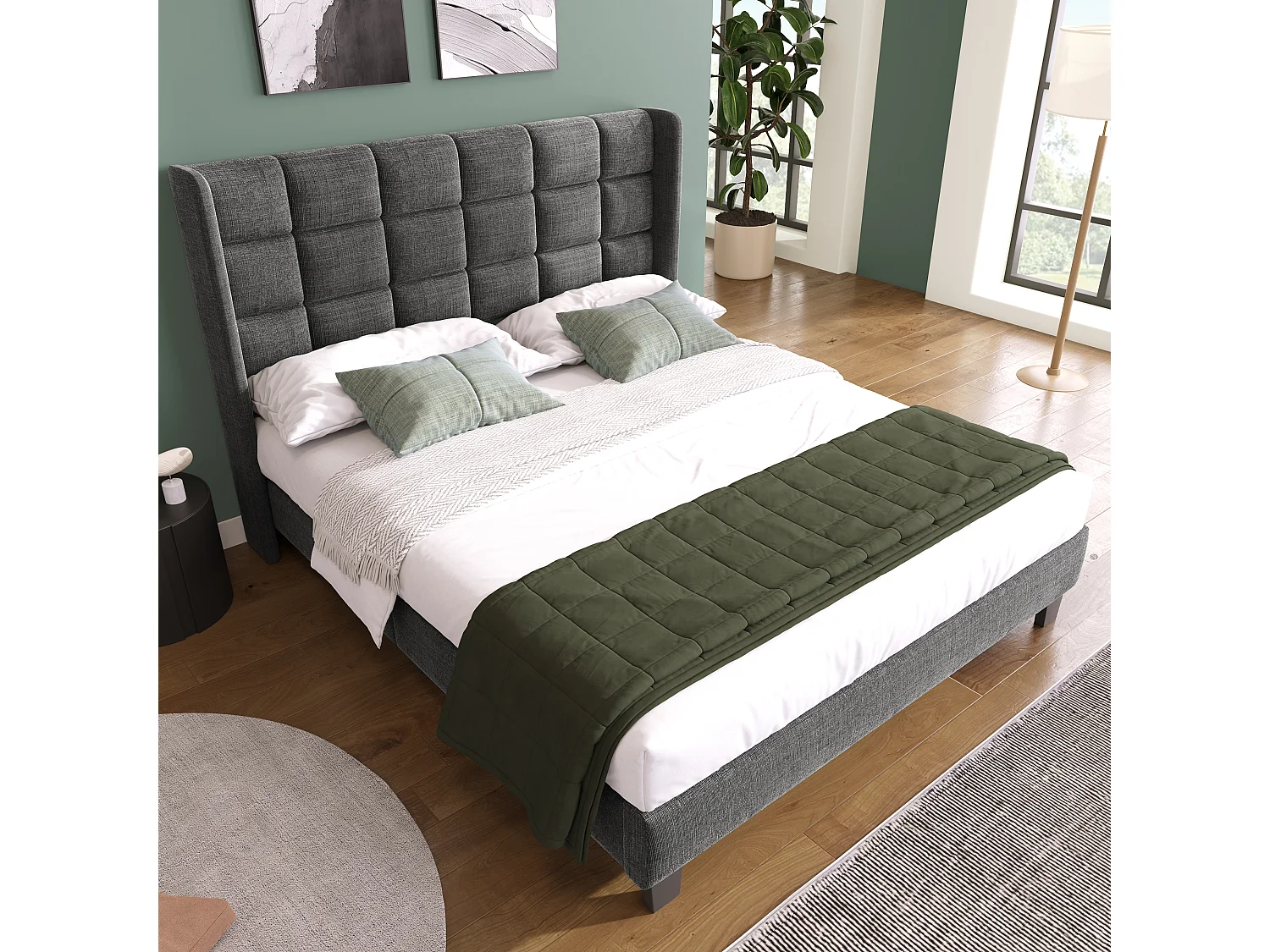 Gestoffeerd tweepersoonsbed, gewatteerd hoofdeinde, grijs linnen, inclusief boxspring, klassiek design (146x208x111cm)