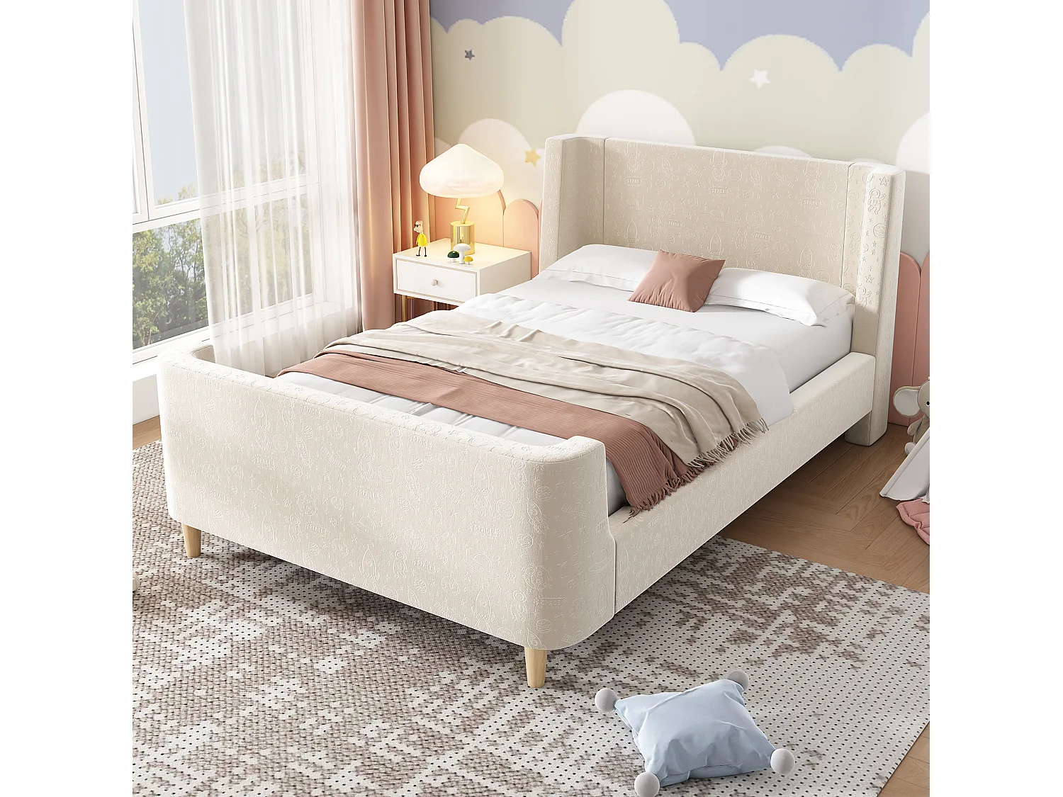 Gestoffeerd kinderbed, slee-design met kosmisch patroon, beige fluweel, zonder matras (212x99x76cm)