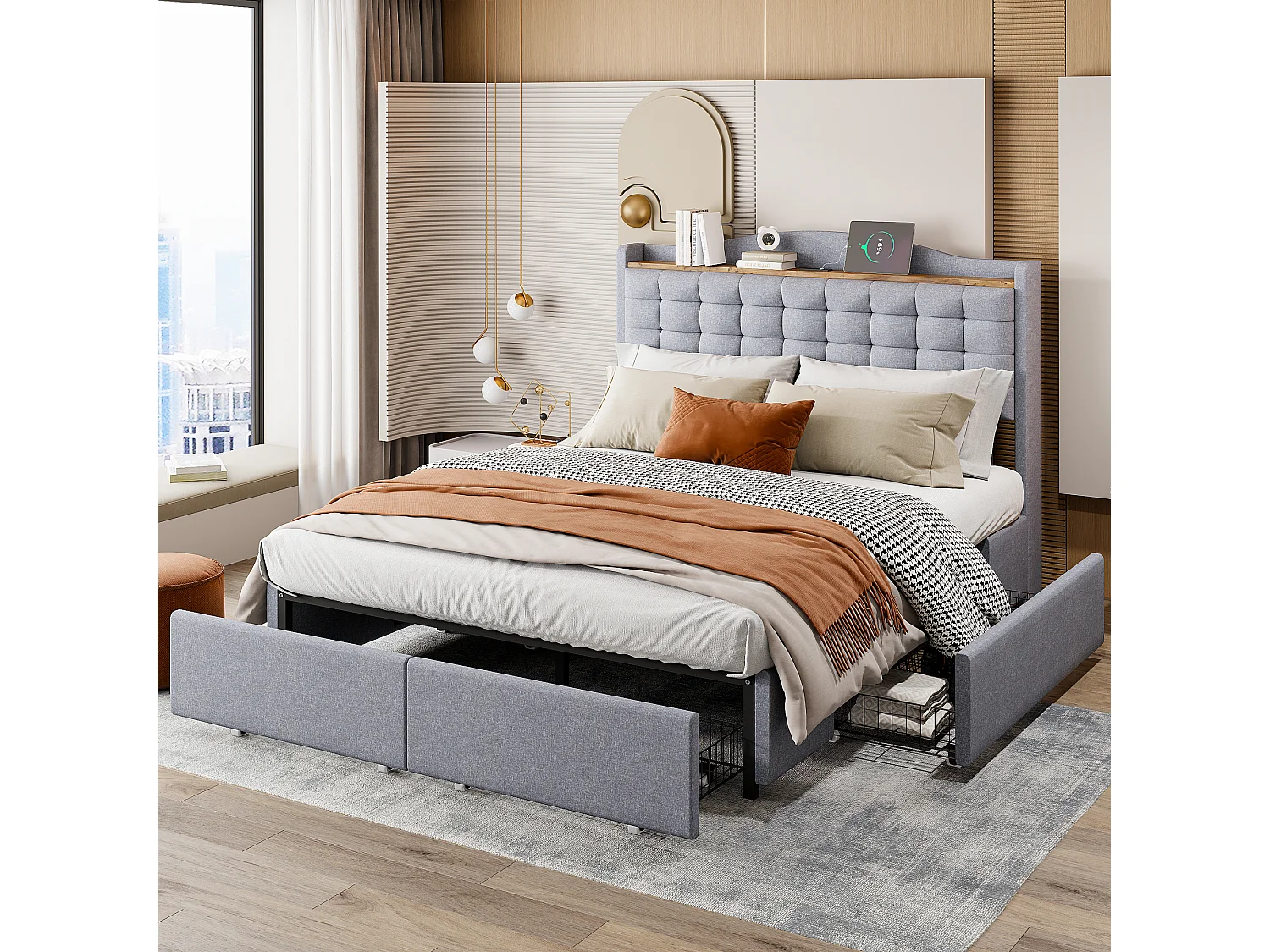 Gestoffeerd bed 140x200 cm met USB-aansluiting, LED, 4 lades, grijze linnen stof (200x146x110 cm)