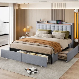 Gestoffeerd bed 160×200 cm met LED, USB-aansluiting, omkeerbaar hoofdeinde, 4 lades, grijze linnen stof (201x161x110 cm)