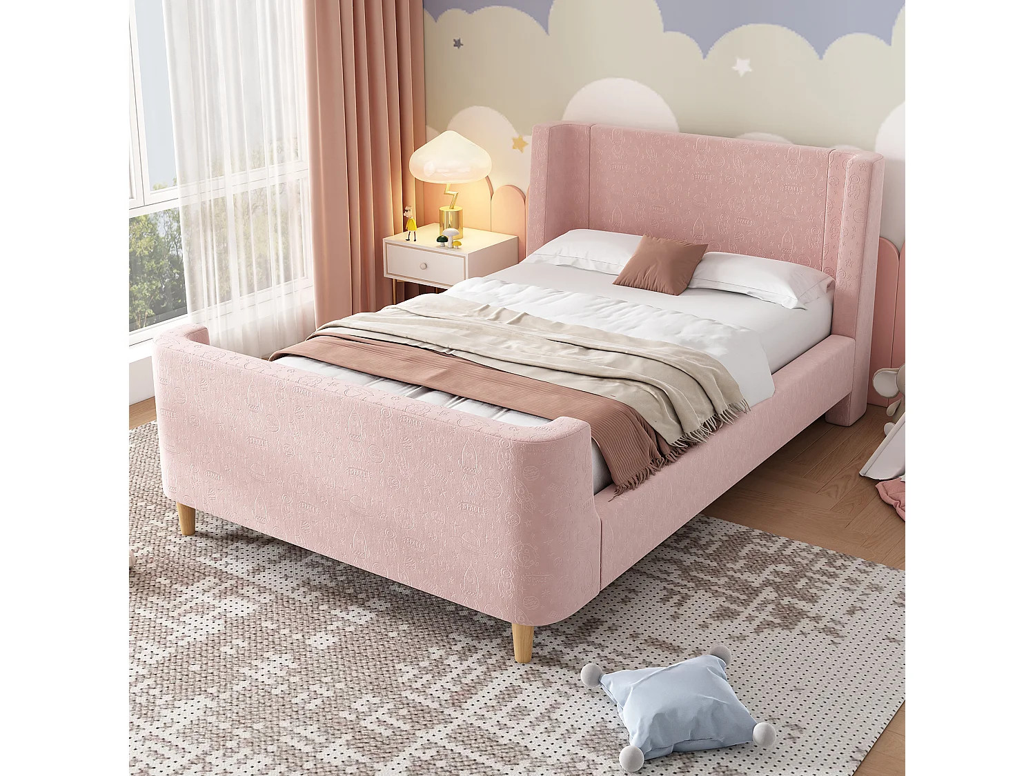 Gestoffeerd kinderbed, slee-design met kosmisch patroon, roze fluweel, zonder matras (212x99x76cm)