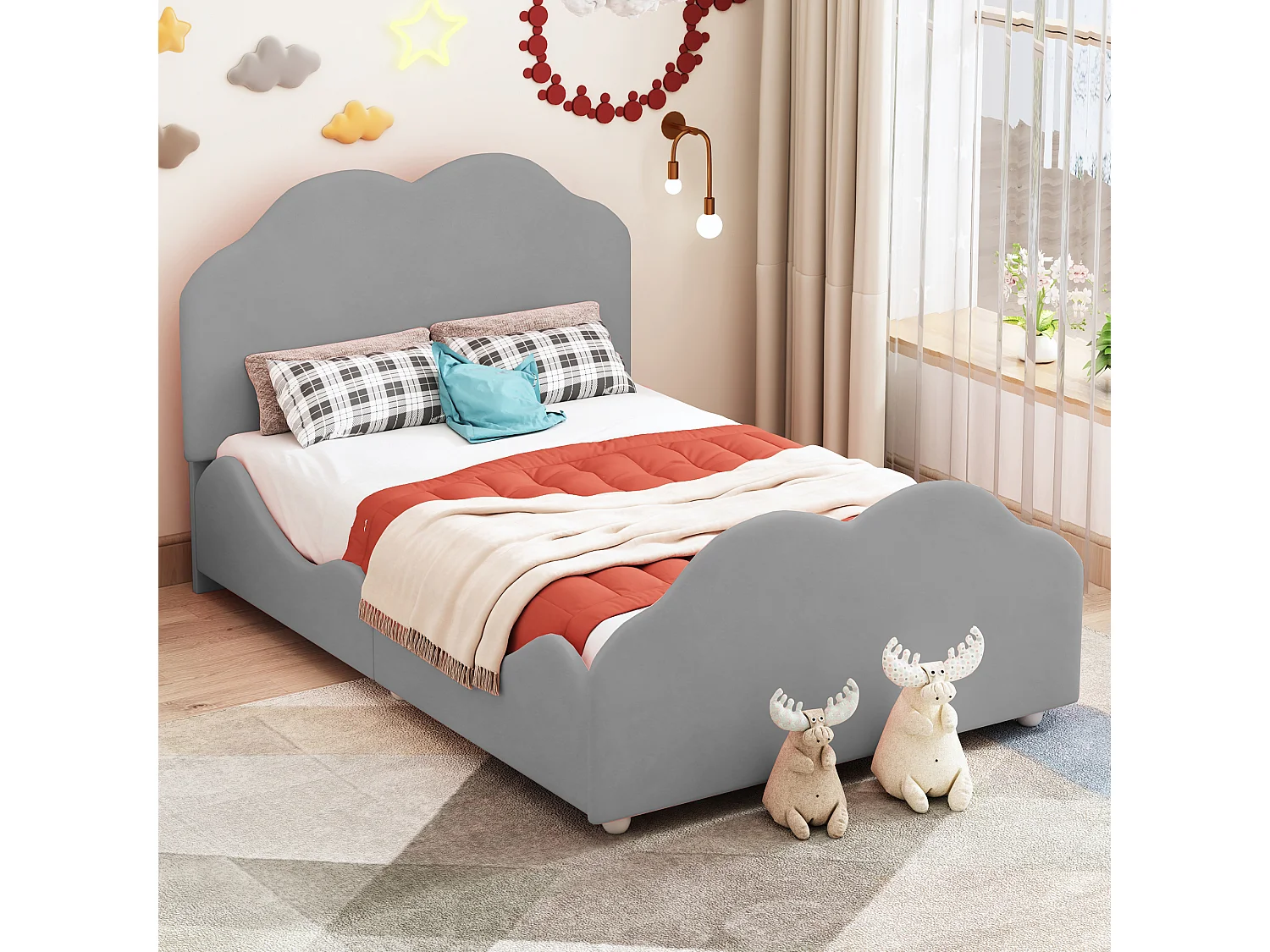 Gestoffeerd kinderbed 90x200 cm met hoge spijlen, hoofd- en voeteneinde in de vorm van een wolk, grijs fluweel (207,5x95x107,5 cm)