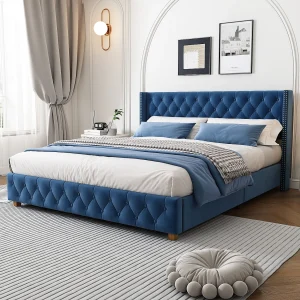 Gestoffeerd bed 160×200 cm, hoofdbord met knopen en klinknagels, hout, fluweel, grijs (160x200x94,5 cm)
