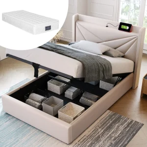Gestoffeerd opbergbed met USB Type-C-oplader, katoen-linnen, beige (96x208x107cm) Gestoffeerd opbergbed met USB Type-C-oplader, katoen-linnen, beige (96x208x107cm)