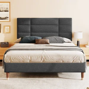 Gestoffeerd tweepersoonsbed met lattenbodem, gewatteerd hoofdeinde, donkergrijs linnen, massief houten frame (141x209x101cm) Gestoffeerd tweepersoonsbed met lattenbodem, gewatteerd hoofdeinde, donkergrijs linnen, massief houten frame (141x209x101cm)